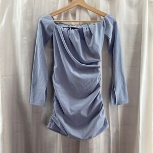 ZARA Light Blue Ruched Off Shoulder‎ Long Sleeve Mini Dress S Elegant Cocktail